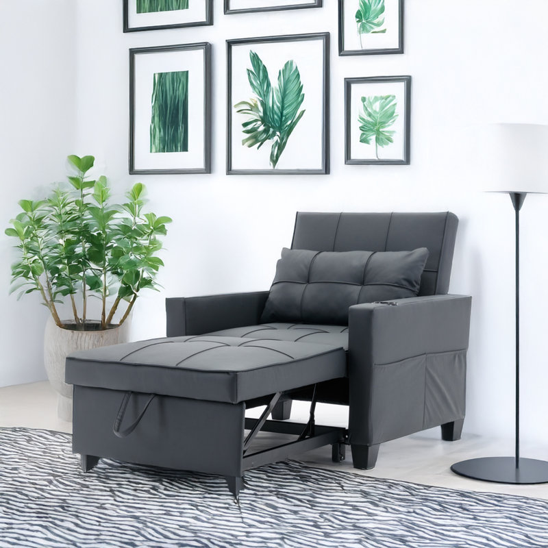 Fauteuil convertible convertible avec ports USB, Tissu noir