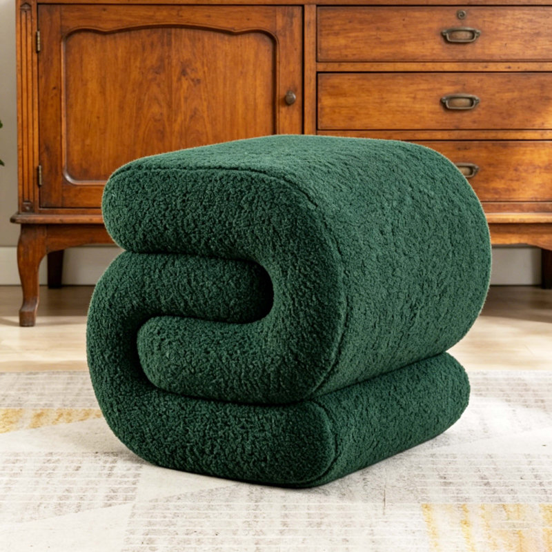 Green S-Shaped Teddy Fabric Ottoman Stool, Upholstered Makeup Vanity Stool, Modern Curved Footstool With Wooden Frame For Living Room, Bedroom, Entryway
