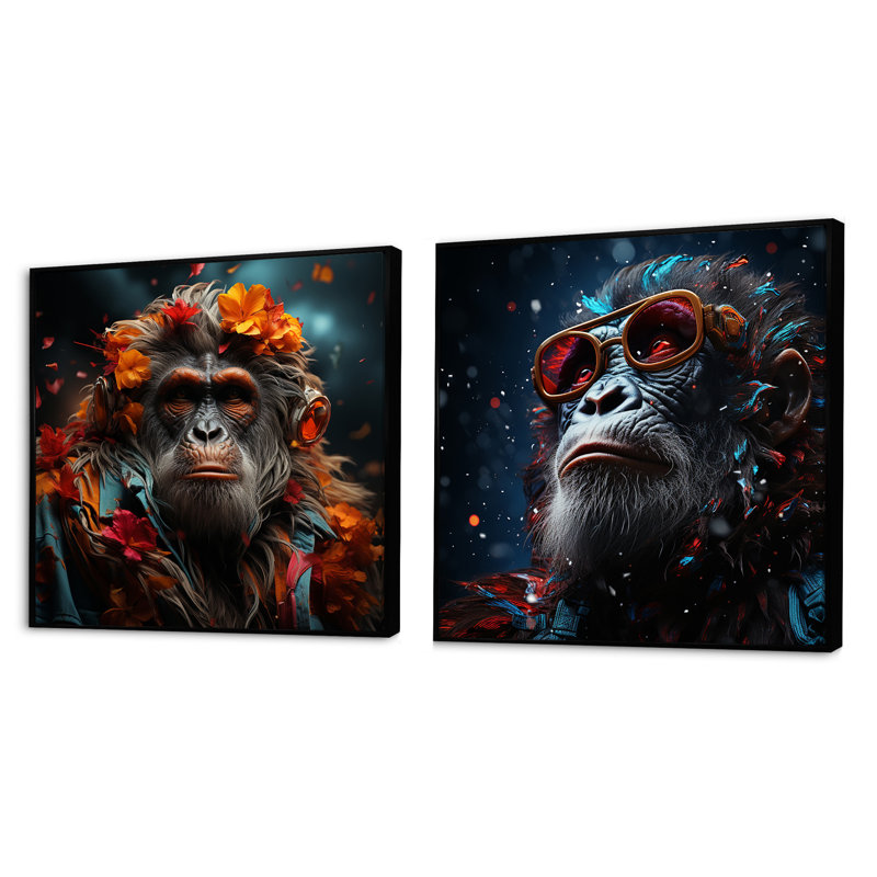 Portrait d'orang-outan à la mode - animaux, ensemble de 2 collages carrés orang-outan, Cadre flottant noir, H 36 po x l 73 po
