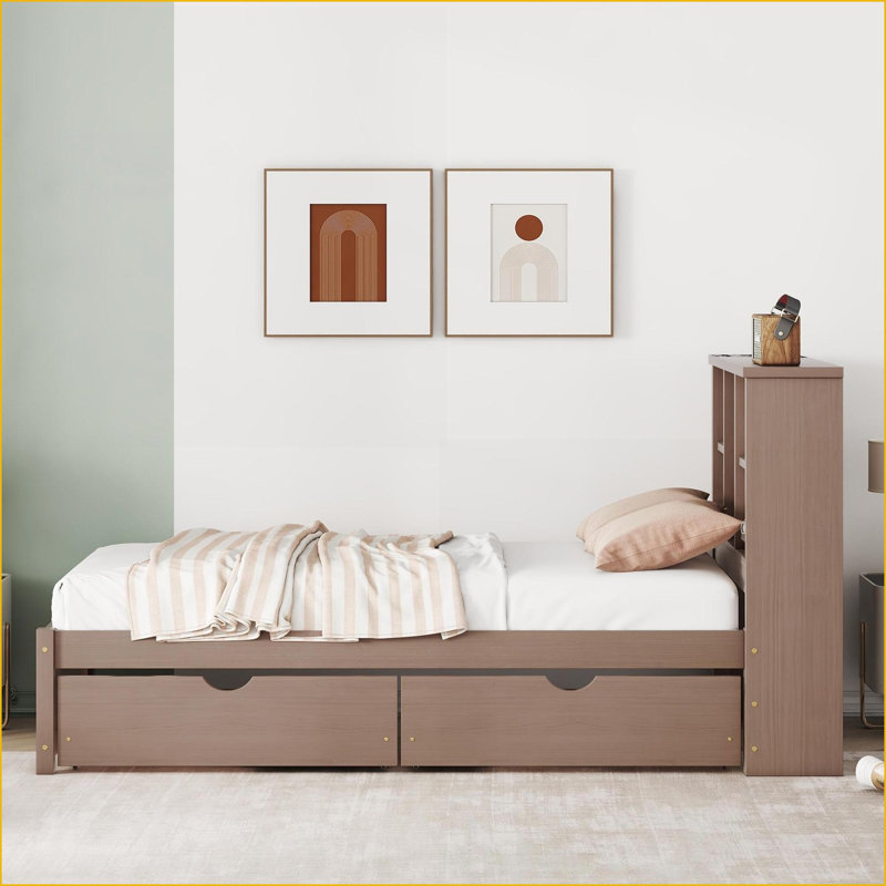 Twin Size Walnut Platform Bed Frame with Bookcase Headboard, USB Port &amp; 2 Drawers – No Box Spring Needed, Walnut