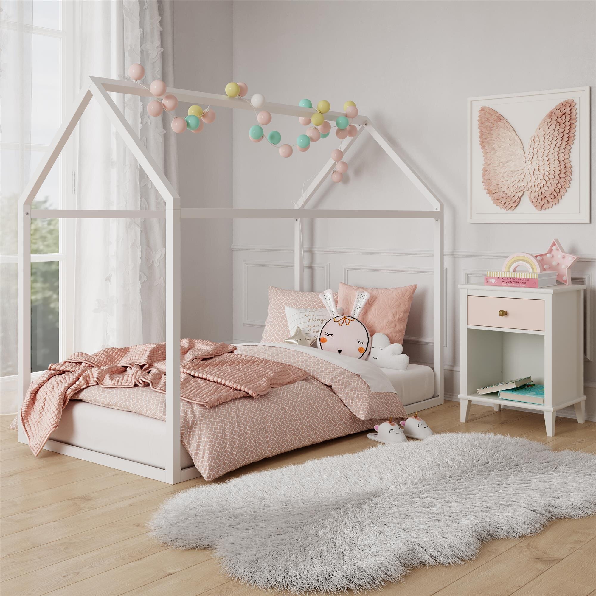 Toddler House Bed on Legs Children Bed With Rails, Toddler Bed for Girls  Montessori Bed Full Size Bed Frame, Four-poster Bed for Kids 