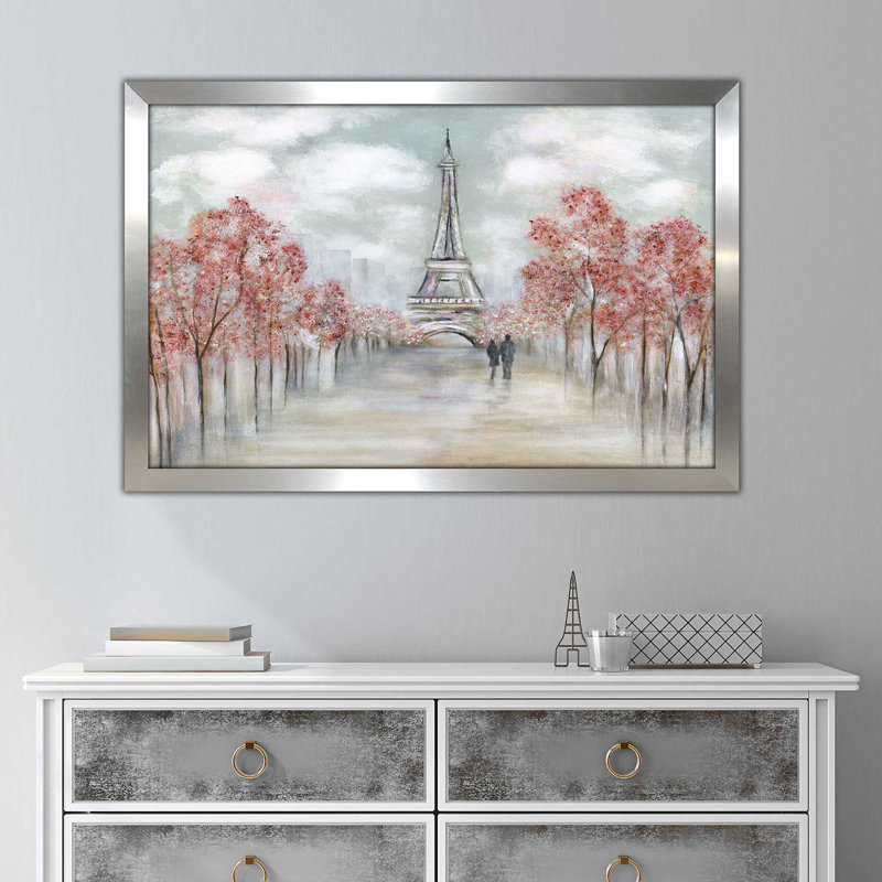 Paris au printemps par - Peinture, Encadrement argenté, H 21,5 po x l 27,5 po x P 0,75 po