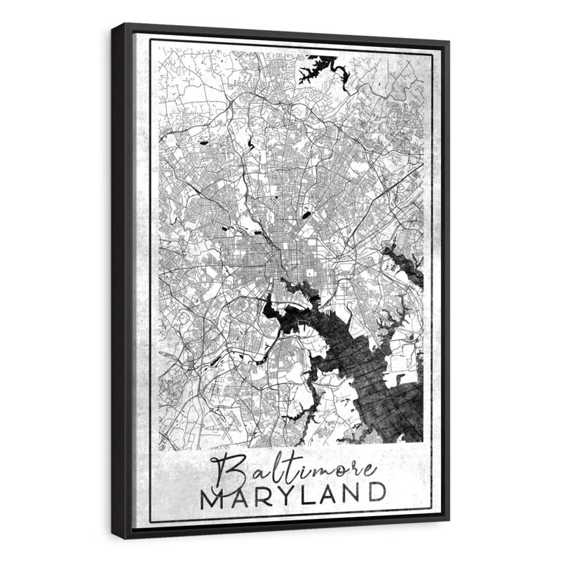 Carte de la ville de Baltimore, 31 po x 46 po, Cadre flottant noir