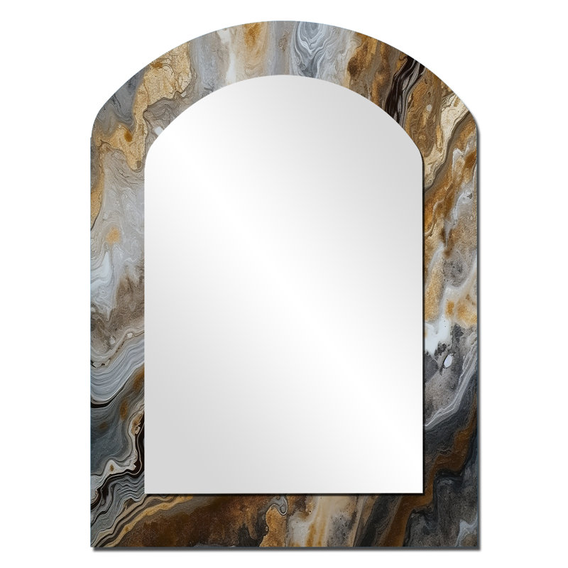 Or et gris A Marble Effect I - grand miroir asymétrique en marbre, décor de miroir mural unique arche moderne, impression d'art en métal
