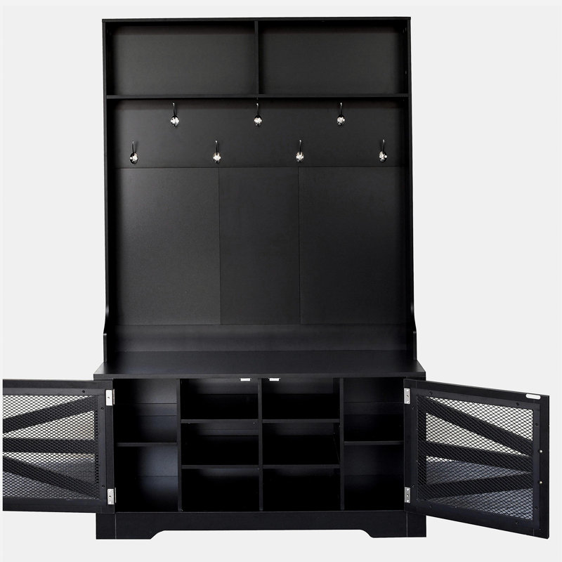 Banc d'entrée avec portemanteau, 3 en 1 et tablettes réglables, portemanteau avec 7 crochets pour l'entrée, salon, Noir