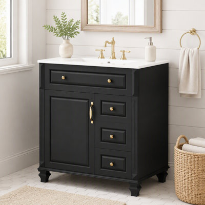 Meuble-lavabo de 76 cm avec lavabo, meuble sur pied noir avec tiroir rabattable, 3 tiroirs et placard de rangement, bois massif et MDF, lavabo en céramique