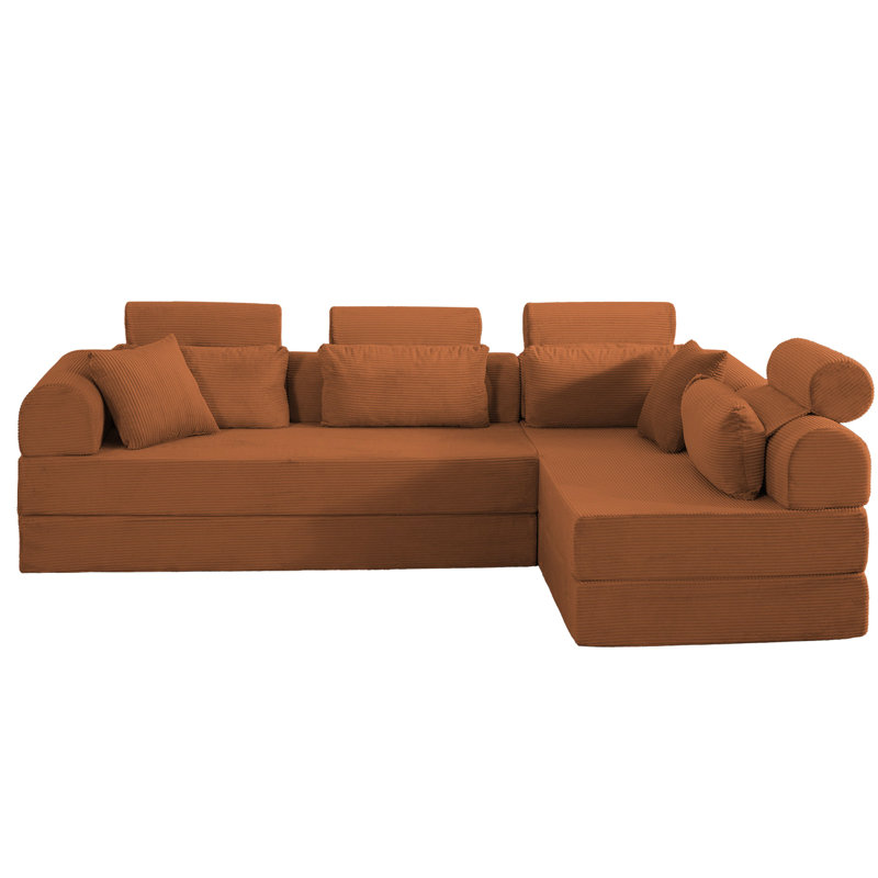 Moderne, orange, 4 places, velours côtelé, canapé modulaire en forme de L, pour un lit confortable, chambre à coucher, chambre familiale compressée, se transforme en espace compact,