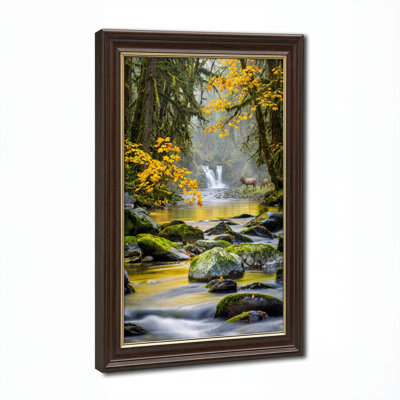 Art mural antique sur toile encadré doré pour le salon, la chambre à coucher, le bureau ou le vestibule - Décoration murale décorative avec ruisseau de forêt