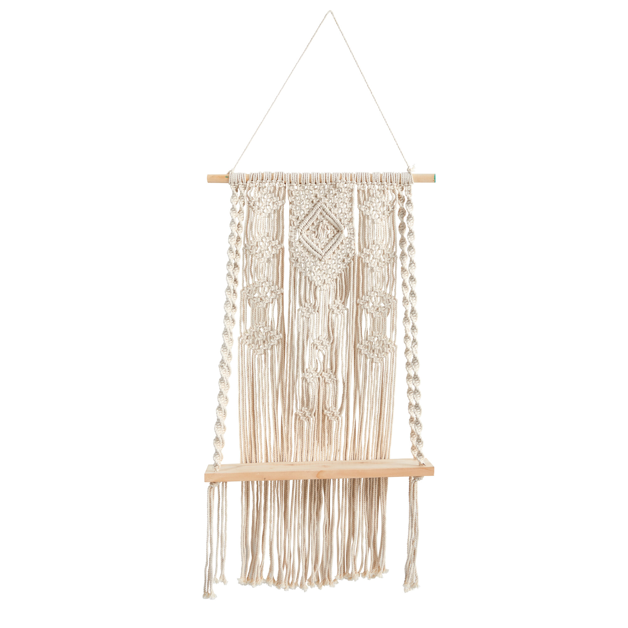 Dakota Fields Woven Macrame with Wooden Shelf Wall Hanging | Wayfair