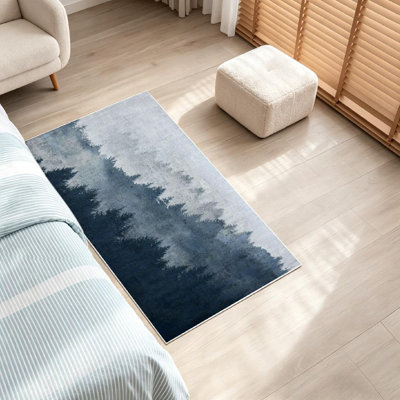 Green Machine Washable,Trees Morning Fog Forest Pine Tree Indoor Area Rug