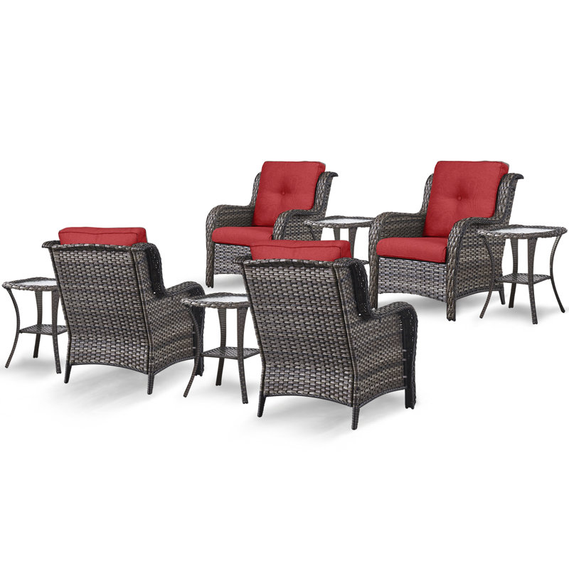 Ensemble de conversation à plusieurs chaises en rotin 8 pièces avec coussins et table d'appoint Schutt, Gris, Rouge