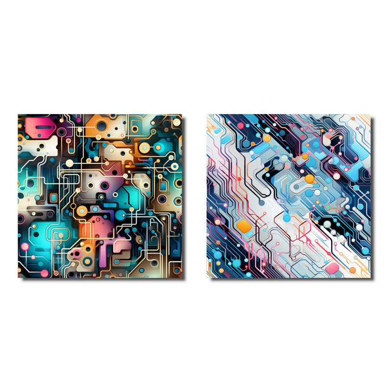 Techno Matrix Futuristic Dreams Edm Pattern - Abstract Collages Square Collage Set Of 2, Wrapped Canvas, 16" H x 33" W