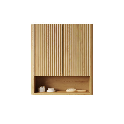 Zula 26" Wall-Mounted Striped Bathroom Cabinet, With Doors, Shelf And Open Storage Compartment Over The Toilet Storage Cabinet For Bathroom, Kitchen, Laundry Room, Corolla Oak Woodgrain 