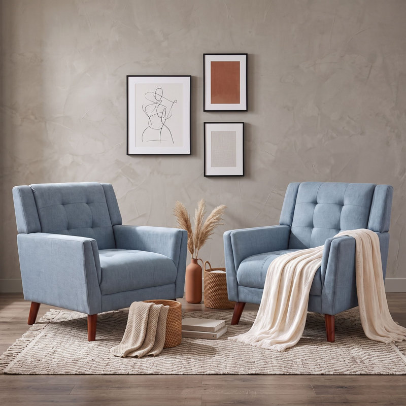 Fauteuils capitonnés en bois de style moderne du milieu du siècle avec pieds fuselés en bois massif, Bleu