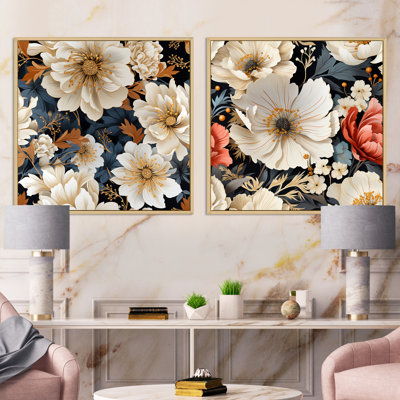 Ensemble de 2 collages floraux contemporains blancs et dorés