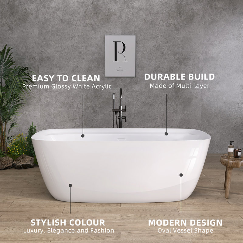 67 Inch Acrylic Freestanding Bathtub Modern Soaking Tub Overflow and Drain