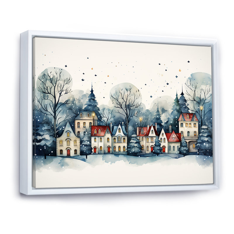«Christmas Village In Winter I - Winter Landscape», art mural, Cadre flottant blanc, H 30 po x l 40 po x P 1,5 po