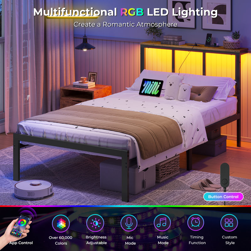 Bed Frame with Power Strip & LED Lights, Metal Platform Beds with Headboard, Stable and Sturdy, No Box Spring Needed
