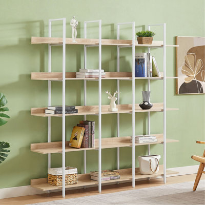 5 Tier Bookcase Home Office Open Bookshelf, Vintage Industrial Style Shelf, MDF Board, White Metal Frame