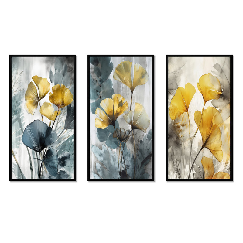 «Palm Tropical Ginkgo Artwork», 3 pièces, H 20 po x l 36 po, Cadre flottant noir
