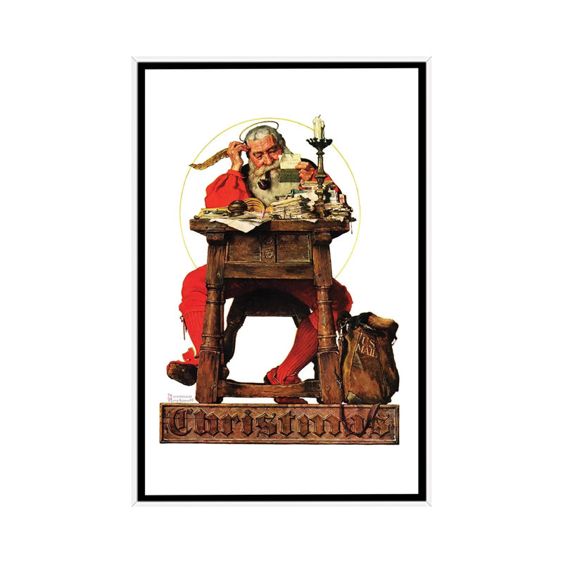 Père Noël à son bureau - reproduction d'art murale - toile encadrée, H 60 po x l 40 po, Blanc