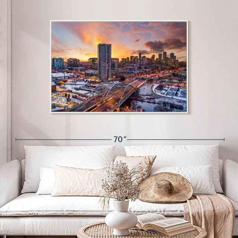 Coucher de soleil d'hiver à Denver, Cadre flottant blanc, 46 po x 31 po