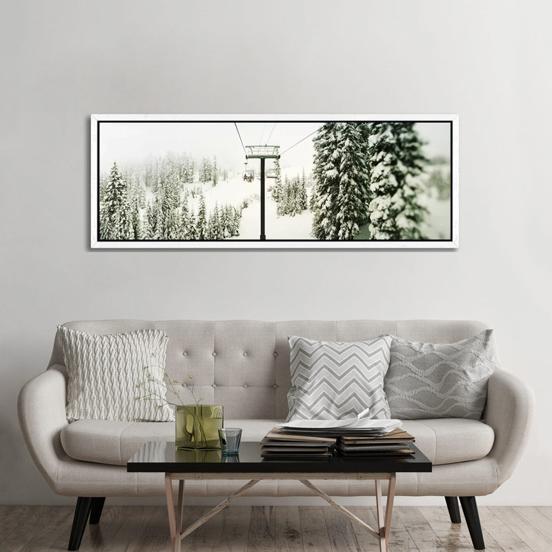 Chair lift and snowy evergreen trees at Stevens PassWashington State, USA 1 Piece Panoramic Wall Art on Canvas, White Framed