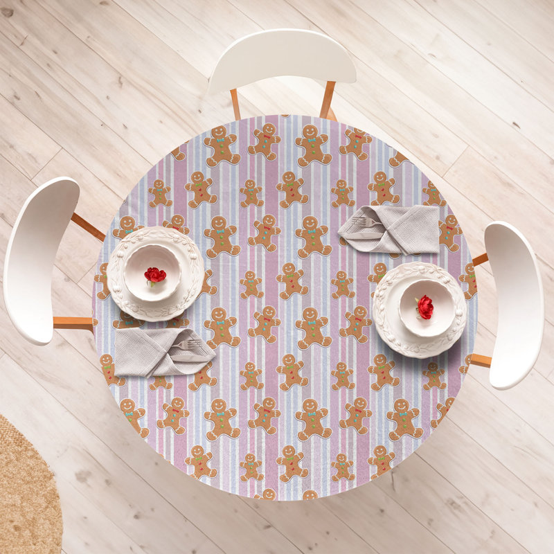 Millwood Pines Gingerbread Man Fitted Round Tablecloth Multicolor, 64.17" Round