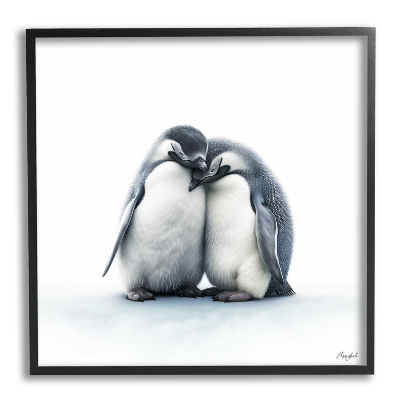 «Minimal Penguins Cuddling» par Roozbeh, reproduction de photo sur toile, H 12 po x l 12 po, Giclée encadrée noir minuit
