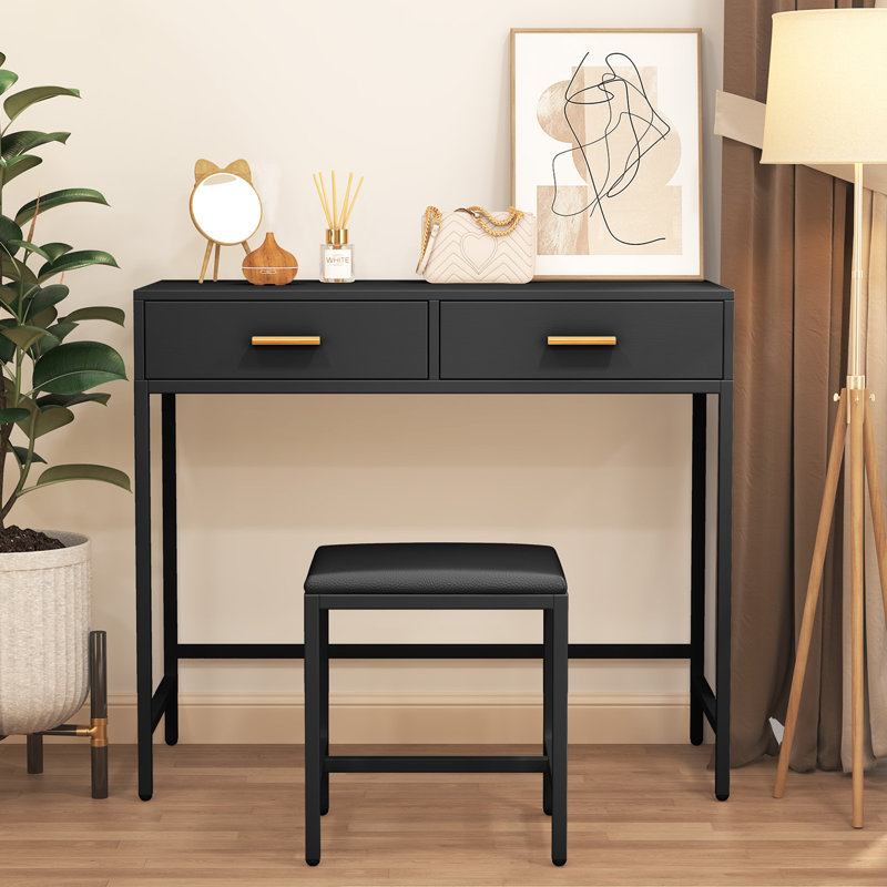 Bureau d'ordinateur noir avec 2 tiroirs, meuble-lavabo moderne avec tabouret, Noir