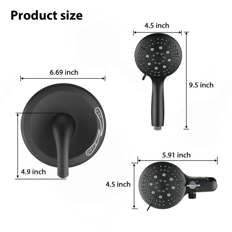 Pomme de douche à jet simple classique à 6 jets à haute pression avec douche à main (valve incluse), Noir mat