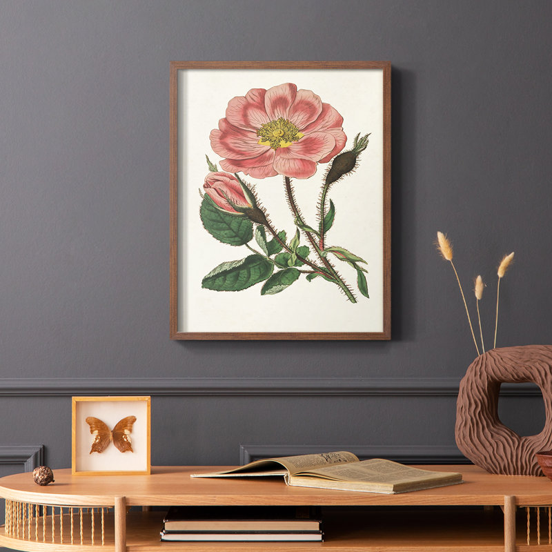 Impression florale rose sur cadre mixte - bois massif, Brun, H 14 po x l 11 po