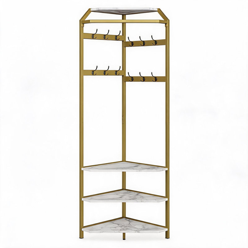 Corner Coat Rack with Shoe Bench, Entryway Hall Tree with 6 Double Hooks, Shoe Storage Organizer Shelf, Freestanding Corner Clothes Rack for Hallway Entryway Bedroom