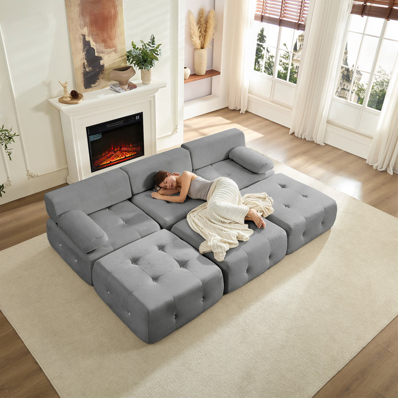 Canapé modulaire velours capitonné modulaire, gris clair, Gris clair