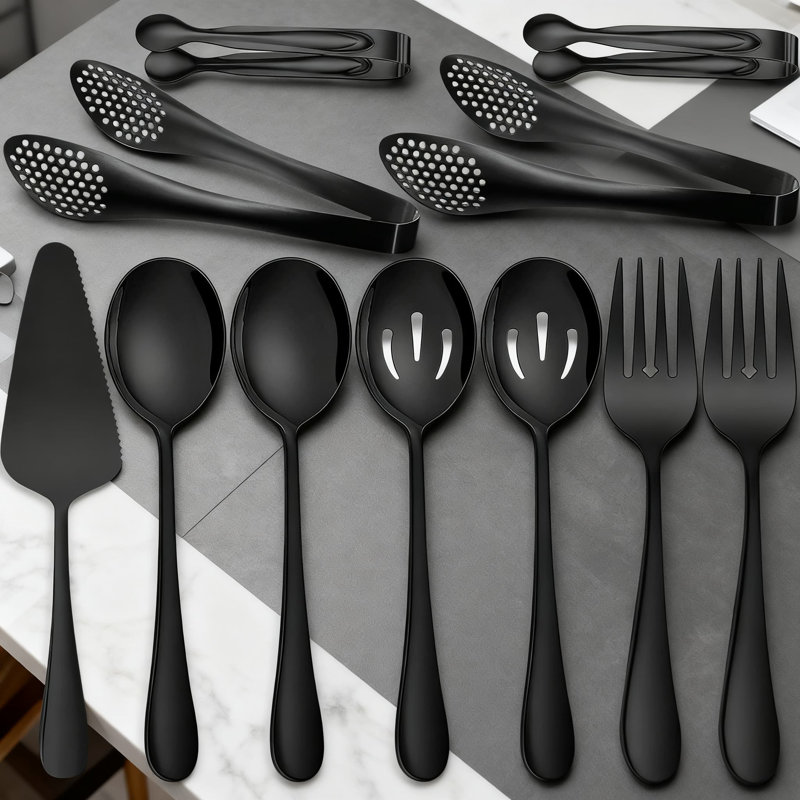 Ensemble d'ustensiles de service 11 pièces en acier inoxydable avec cuillères, fourchettes, pinces et desserte à tarte pour l'hôtellerie de banquet