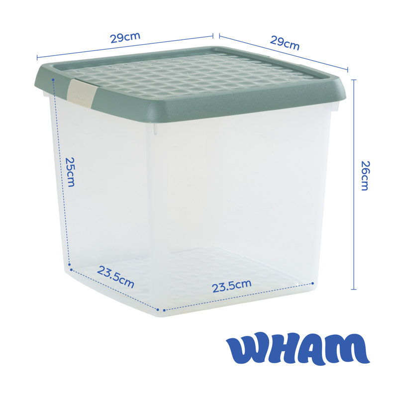 Wham Clip 14L Square Plastic Storage Boxes with Secure Clip Lock Lids. L:29 x W:29 x H:26cm Clear/Stone/Slate Grey, Green
