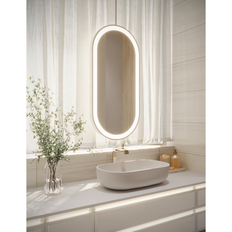 Sculpt Hanging Pill Framed Lighted Mirror, Polished Stainless Steel