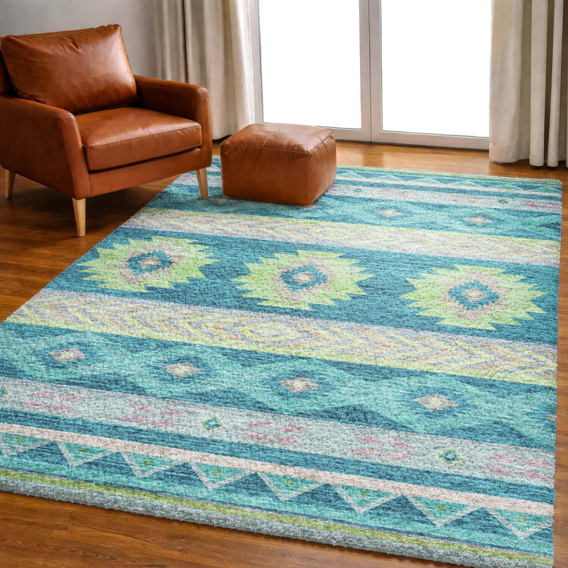 Premium Machine Washable Dream Shag ADS178 Aztec Rug, Peacock, 10' x 14'