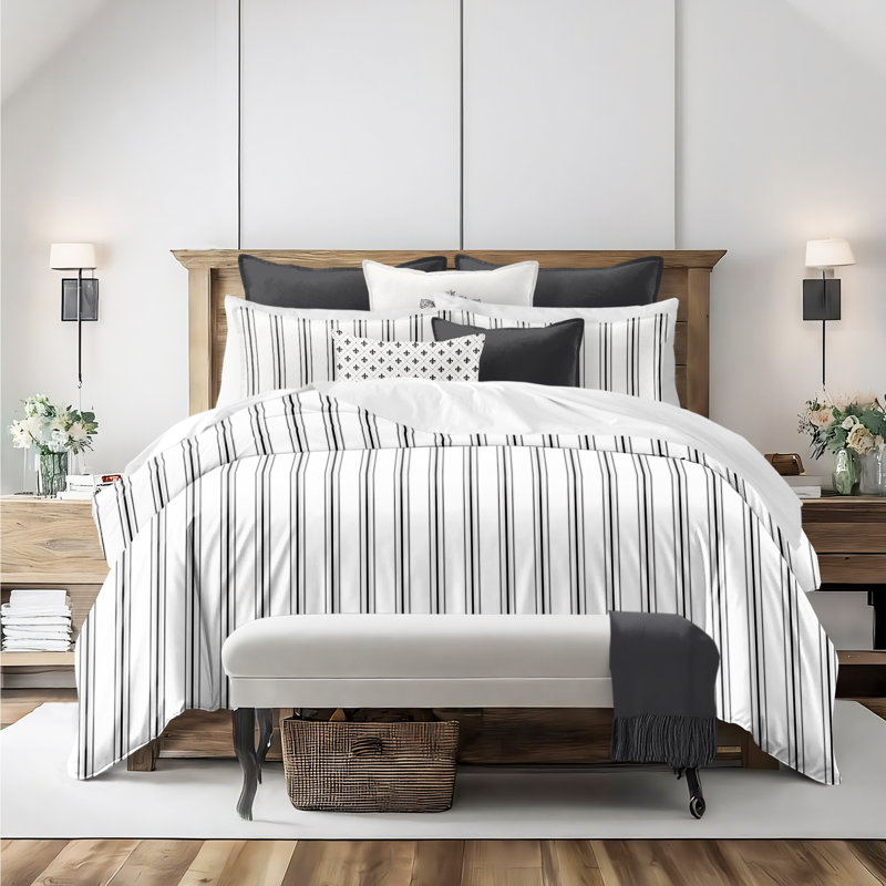 August Stripe Reversible Cotton Duvet Cover Set, Cal.King Duvet Cover + 2 King Shams, Ebony