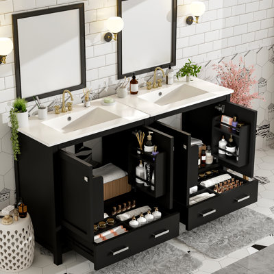Meuble-lavabo double 60 po, lavabos, rangement intégré, espace de rangement spacieux, tablette de rangement, esthétique moderne
