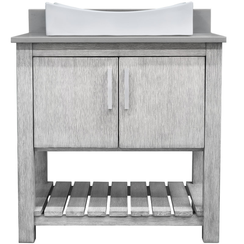 Meuble-lavabo de 30 po avec comptoir en quartz gris et lavabo en porcelaine, quincaillerie en nickel brossé et miroir