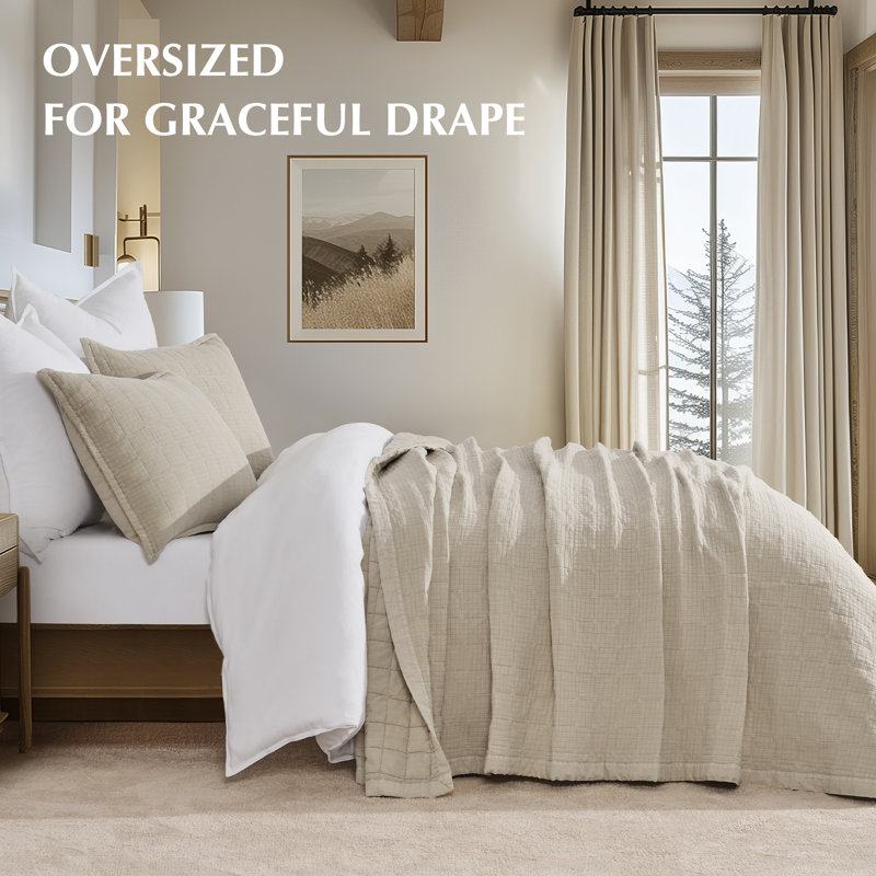 Stonewashed Crinkle Cotton Box Stitch Quilt Set, King Quilt + 2 King Shams, Flax Beige