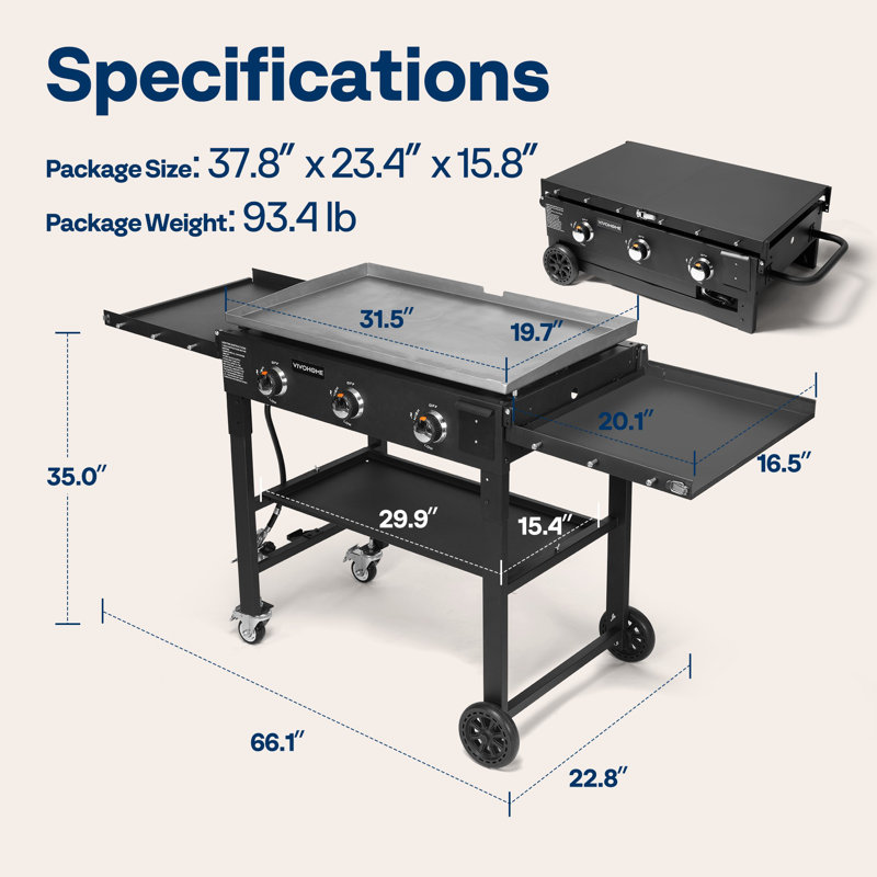 Portable 3-Burner 45,000 BTU Flat Top Propane Gas Grill