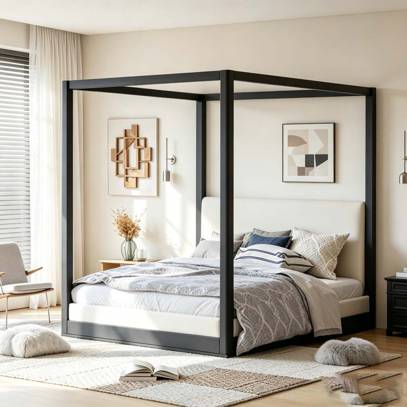 Lit plateforme à baldaquin en bois avec tête de lit tapissier, Noir, Grand lit