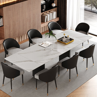 9 - Piece Dining Table Set With 63'' To 94.5'' Extendable Sintered Stone Dining Table With 8 Upholstered Fuax Leather Chairs
