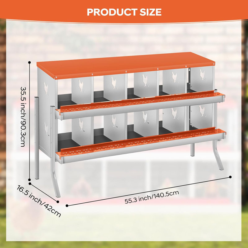 Boîtes de nidification de poulet avec pattes de support, boîte à œufs de poule en métal à deux niveaux avec 10 compartiments grands trous ventilés pour la collection d'œufs, orange