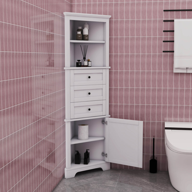 Triangular Corner Cabinet Boasting Triple Drawers And Adjustable Shelves, White