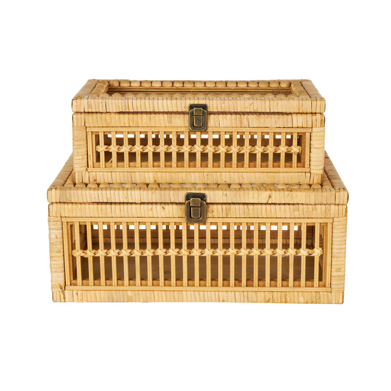 Avignon Rattan Handmade Woven Storage Decorative Box With Glass Top And Bronze Latches