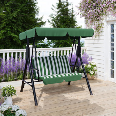 Heavy Duty 3-Seat Outdoor Swing Chair with Adjustable Canopy – Sturdy Metal Frame Patio Porch Swing with Stand for Garden, Backyard, Poolside – Comfortable Seating – Striped Green