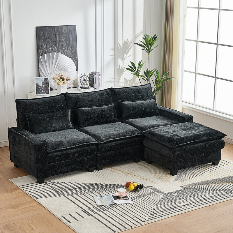 Canapé modulaire en chenille 99 po Kamanda avec repose-pieds et coussins de dossier Kamanda, Noir